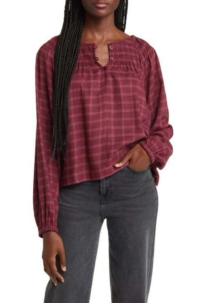 Treasure & Bond Windowpane Plaid Smocked Popover Top In Burgundy- Pink Pinstripe Plaid