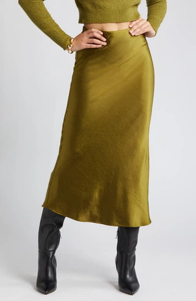 Open Edit Satin Column Maxi Skirt In Olive Avocado