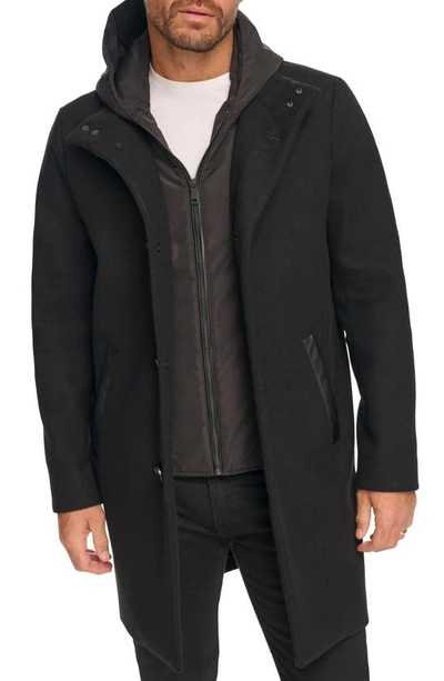 Kenneth Cole Hooded Bib Faux Leather Trim Coat In Black