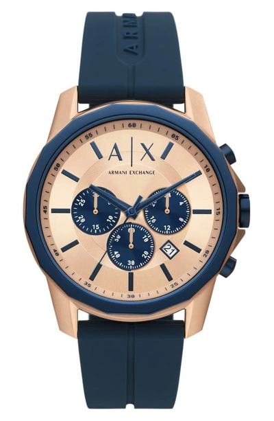 Ax Armani Exchange Chronograph Silicone Strap Watch, 44mm In Rose Gold/ Blue Multi