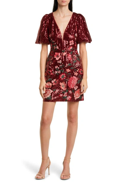 Marchesa Notte Artwork Sequin Minidress In Burgundy Multi