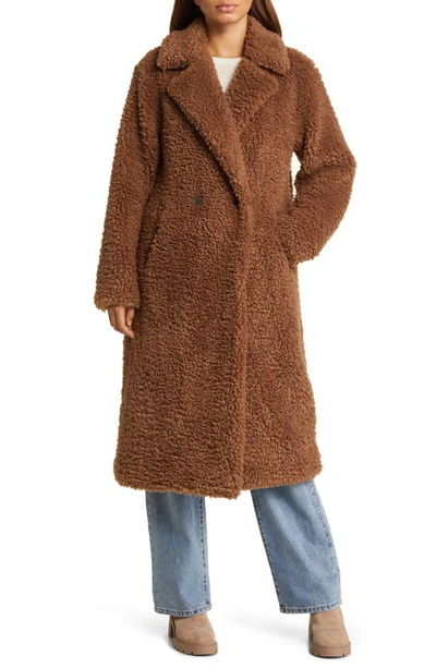 Bernardo Faux Shearling Double Breasted Longline Coat In Brown