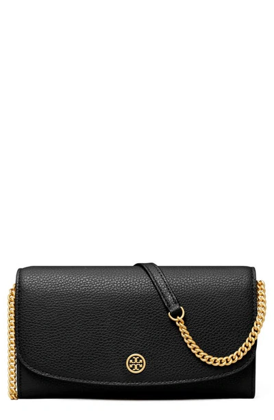 Tory Burch Robinson Leather Wallet On A Chain In Black