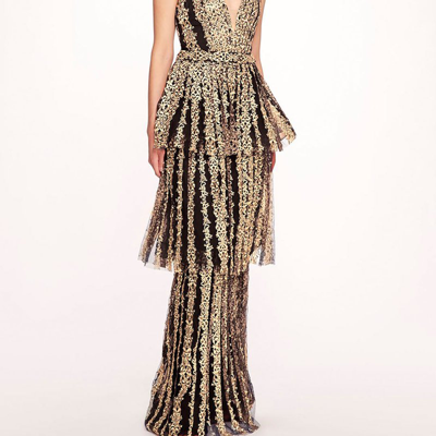 Marchesa Notte Filigree-embroidered Tiered Tulle Gown In Black