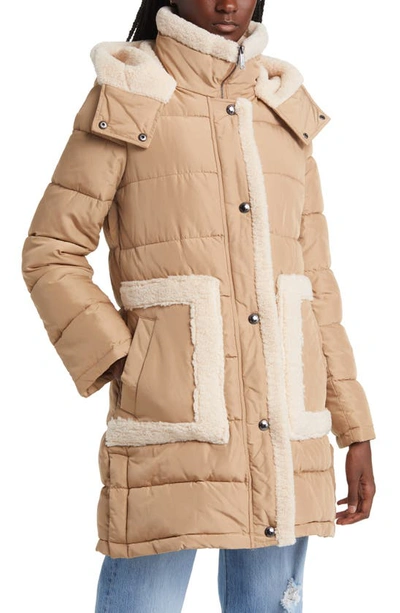 Sam Edelman Hooded Puffer Coat With Faux Shearling Trim In Sand