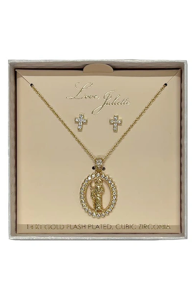 Enchante Cubic Zirconia Cross Stud Earrings & Mother Mary Pendant Necklace Set In Gold