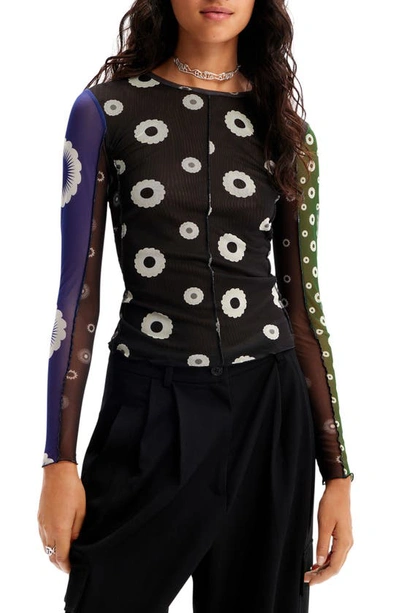 Desigual Galactica Mixed Print Colorblock Mesh Top In Black