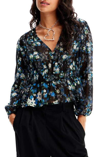 Desigual Hamburgo Floral Chiffon Top In Blue