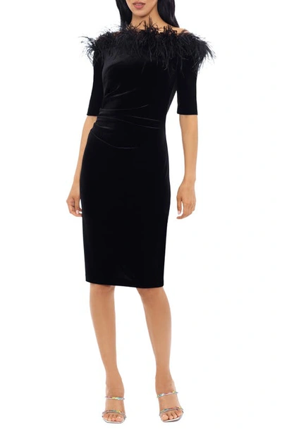 Xscape Feather Trim Off The Shoulder Sheath Dress In Black