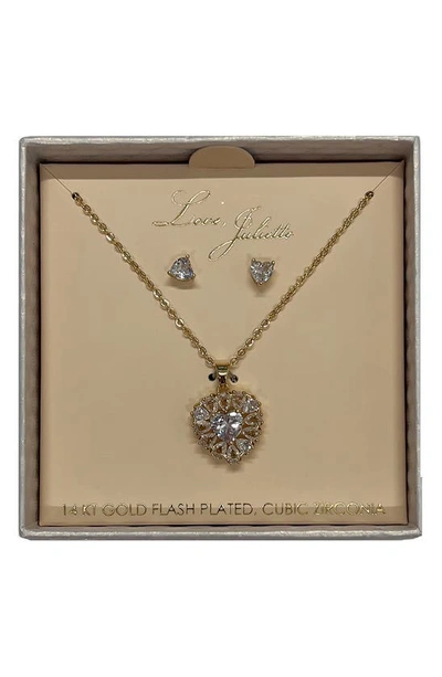 Enchante Cubic Zirconia Heart Stud Earrings & Heart Pendant Necklace In Gold