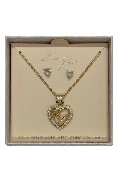 Enchante Cubic Zirconia Heart Stud Earrings & Heart Pendant Necklace Set In Gold