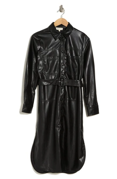 Melloday Long Sleeve Faux Leather Shirtdress In Black