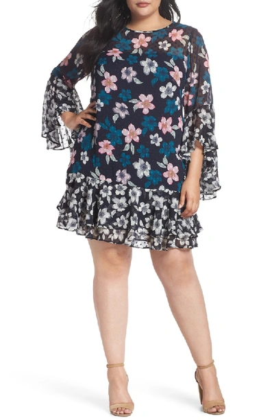 Eliza J Flounce Bell Sleeve Floral Fil Coupe Chiffon Shift Dress In Navy