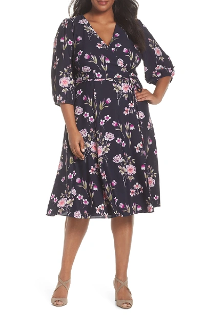 Eliza J Puff Sleeve Floral Wrap Midi Dress In Navy