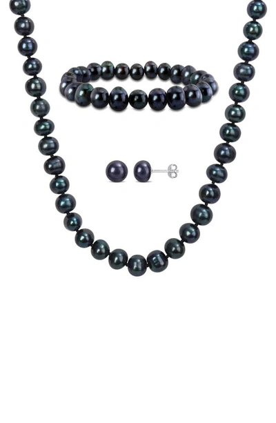 Delmar Freshwater Pearl Necklace, Bracelet & Stud Earrings Set In Black