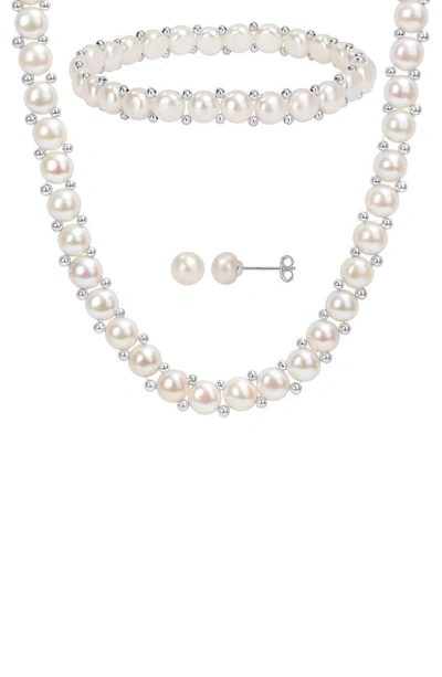 Delmar Freshwater Pearl Necklace, Bracelet & Stud Earrings Set In White