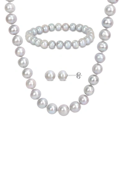 Delmar Freshwater Pearl Necklace, Bracelet & Stud Earrings Set In Grey