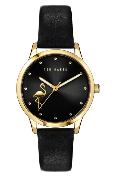 Ted Baker London Fitzrovia Flamingo Leather Strap Watch, 34mm In Black