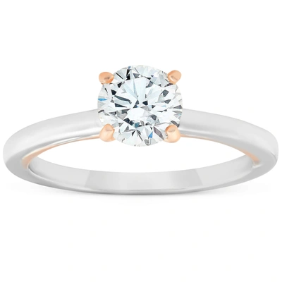 Pompeii3 1 Ct Diamond Solitaire Two Tone Engagement Ring 14k White & Rose Gold In Multi