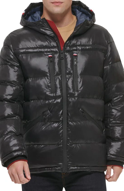 Tommy Hilfiger Pearlized Water Resistant Hooded Puffer Jacket In Black