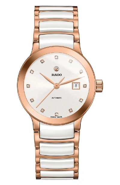 Rado Centrix Automatic Diamond Ceramic Bracelet Watch, 28mm In Rose Gold/ White