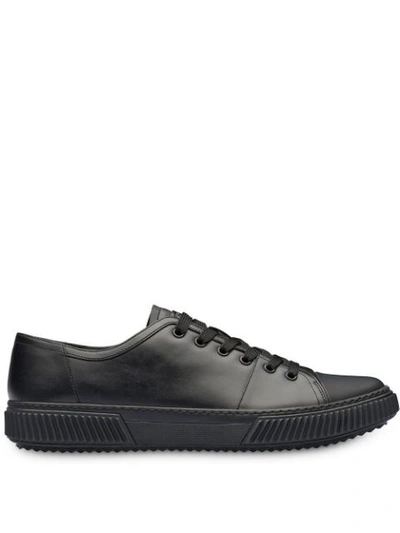 Prada Contrast-panel Leather Trainers In Black