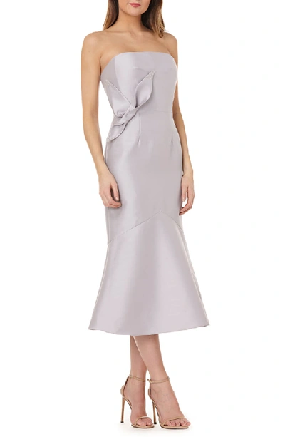 Kay Unger Strapless Satin Tea Length Dress In Dove Grey