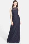 Amsale Illusion Yoke Lace Gown In Navy