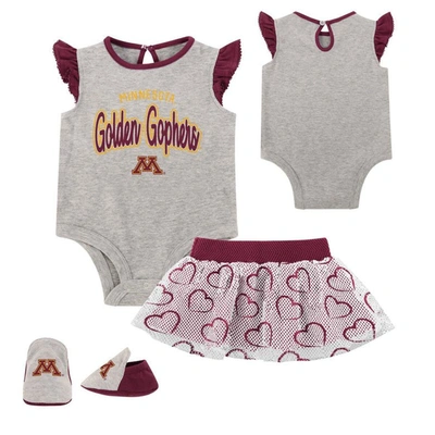 Outerstuff Babies' Girls Newborn Heather Gray Minnesota Golden Gophers All Dolled Up Bodysuit, Skirt & Bootie Set