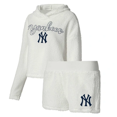 Concepts Sport Women's  Cream New York Yankees Fluffy Hoodie Top And Shorts Sleep Set