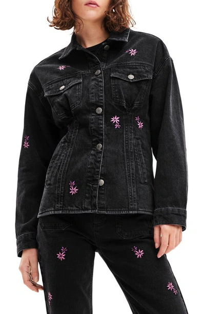 Desigual Arkansas Floral Embroidered Crop Trucker Jacket In Black