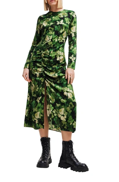 Desigual Camoflower Print Ruched Long Sleeve Midi Dress In Green