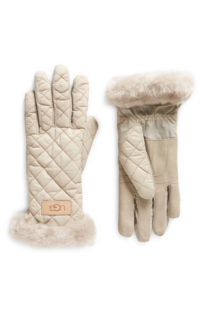 Ugg Faux Fur Trim Quilted Gloves In Beige