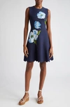 Lela Rose Sleeveless Floral Scallop Hem Fit & Flare Dress In Navy/ Cerulean