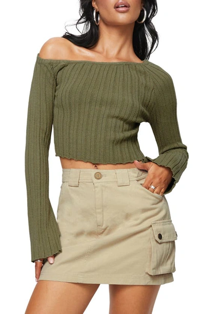 Princess Polly Santorini Off The Shoulder Rib Top In Khaki