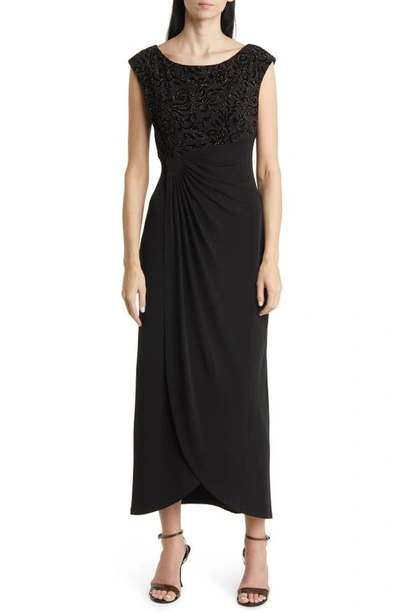 Connected Apparel Beaded Bodice Cap Sleeve Faux Wrap Cocktail Dress In Black/gold