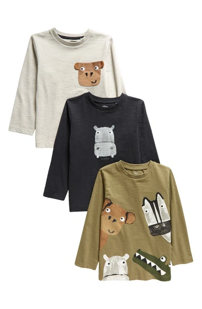 Next Kids' Assorted 3-pack Animal Long Sleeve Graphic T-shirts In Monochrome