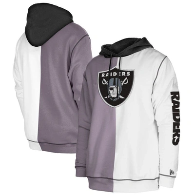 New Era Men's  Silver, White Las Vegas Raiders Third Down Split Raglan Pullover Hoodie In Silver,white