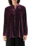 Eileen Fisher Band Collar Velvet Button-up Shirt In Sweet Plum