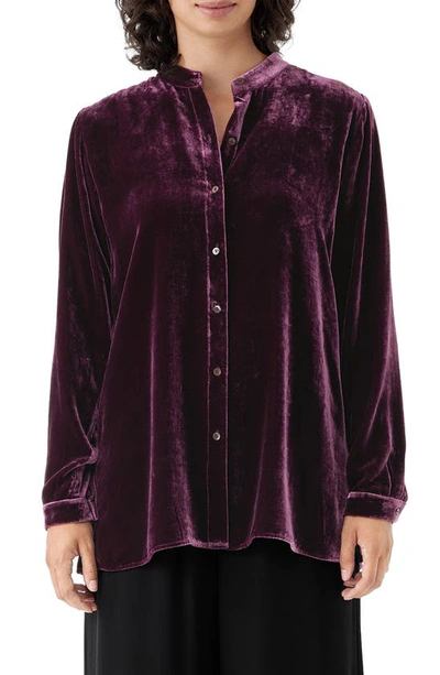 Eileen Fisher Band Collar Velvet Button-up Shirt In Sweet Plum