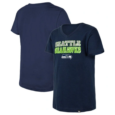 New Era Kids' Girls Youth  College Navy Seattle Seahawks Reverse Sequin V-neck T-shirt
