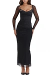 House Of Cb Katrina Lace Mesh Long Sleeve Gown In Black