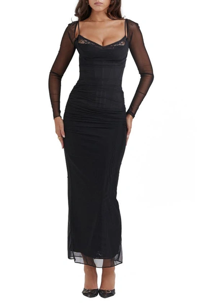 House Of Cb Katrina Lace Mesh Long Sleeve Gown In Black