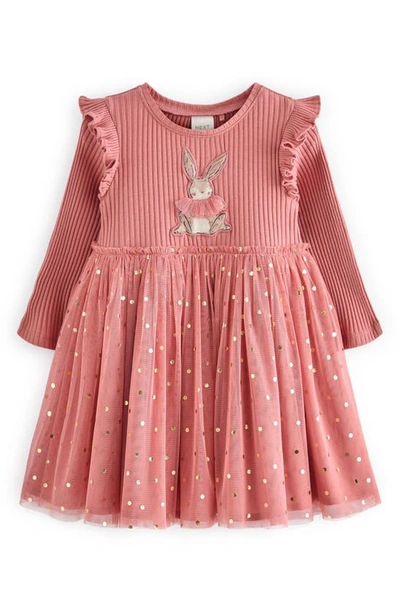 Next Kids' Bunny Ruffle Long Sleeve Stretch Cotton Tutu Dress In Pink