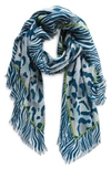 Nordstrom Eyelash Trim Print Cashmere & Silk Wrap In Blue Ceramic Wild Cat