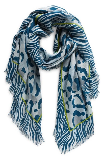 Nordstrom Eyelash Trim Print Cashmere & Silk Wrap In Blue Ceramic Wild Cat