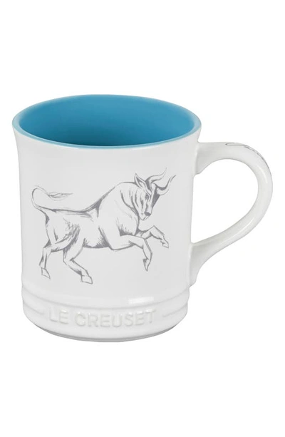 Le Creuset Zodiac Stoneware Mug In White/ Teal Blue