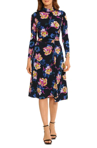 Maggy London Floral Ruched Detail Bracelet Sleeve A-line Midi Dress In Midnight Navy/ French Blue