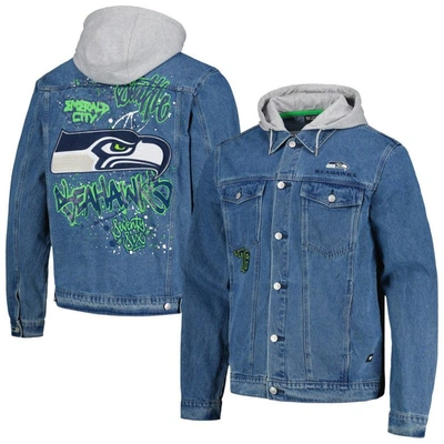 The Wild Collective Seattle Seahawks Hooded Full-button Denim Jacket In Blue