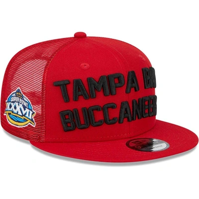 New Era Red Tampa Bay Buccaneers Stacked Trucker 9fifty Snapback Hat